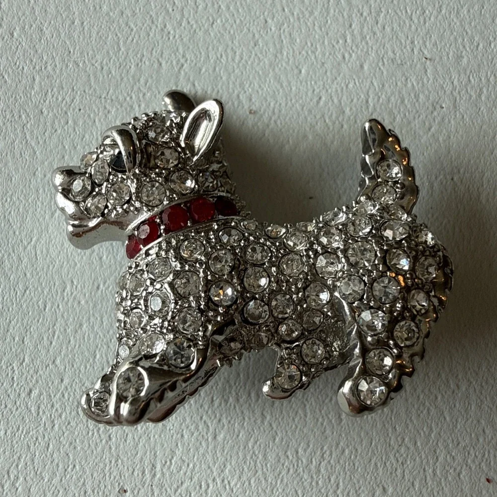 Vintage Scottish Terrier Silver Tone Brooch  Red Collar Rhinestone Pin‎